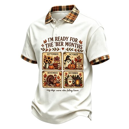 ESKMOOM Men's I'm Ready for The 'BER Months Print Plaid Trim Polo Shirt Fall Season Short Sleeve Top Halloween Thanksgiving Christmas Casual Polo Shirt M