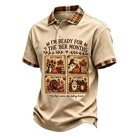 ESKMOOM Men's I'm Ready for The 'BER Months Print Plaid Trim Polo Shirt Fall Season Short Sleeve Top Halloween Thanksgiving Christmas Casual Polo Shirt M