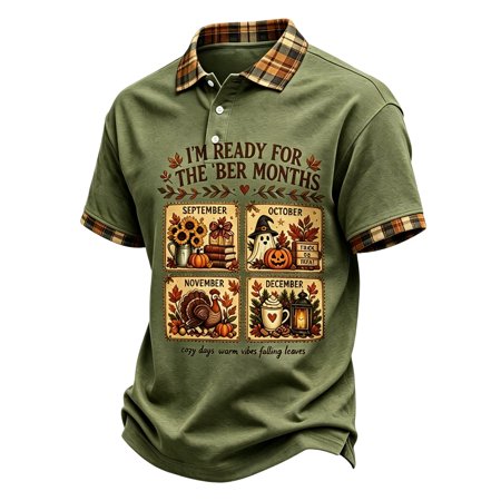 ESKMOOM Men's I'm Ready for The 'BER Months Print Plaid Trim Polo Shirt Fall Season Short Sleeve Top Halloween Thanksgiving Christmas Casual Polo Shirt M