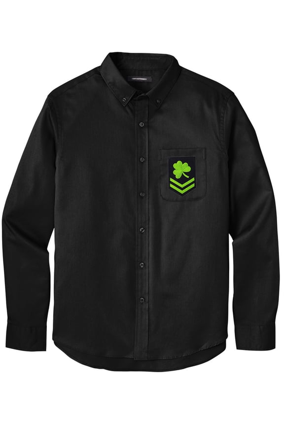 Men's IRISH MILITARY PATCH Twill Shirt with Pocket, Large Deep Black