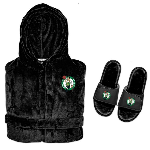 Men's ISlide  Black Boston Celtics Hooded Phantom Robe & Fur Slide Bundle