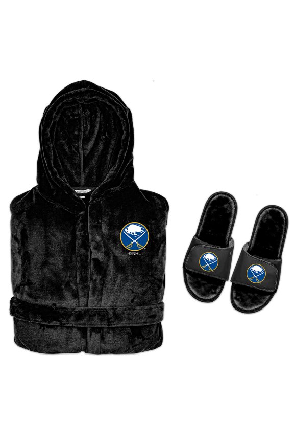 Men's ISlide  Black Buffalo Sabres Hooded Phantom Robe & Fur Slide Bundle