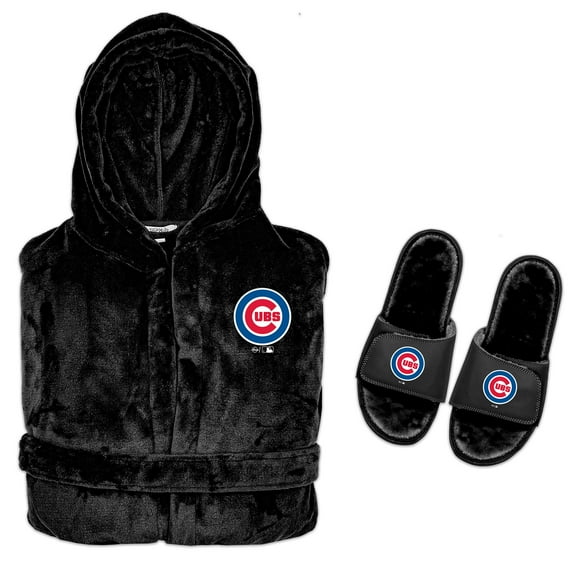Men's ISlide Black Chicago Cubs Hooded Phantom Robe & Fur Slide Bundle