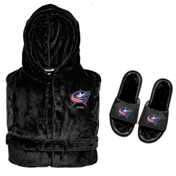 Men's ISlide Black Columbus Blue Jackets Hooded Phantom Robe & Fur Slide Bundle