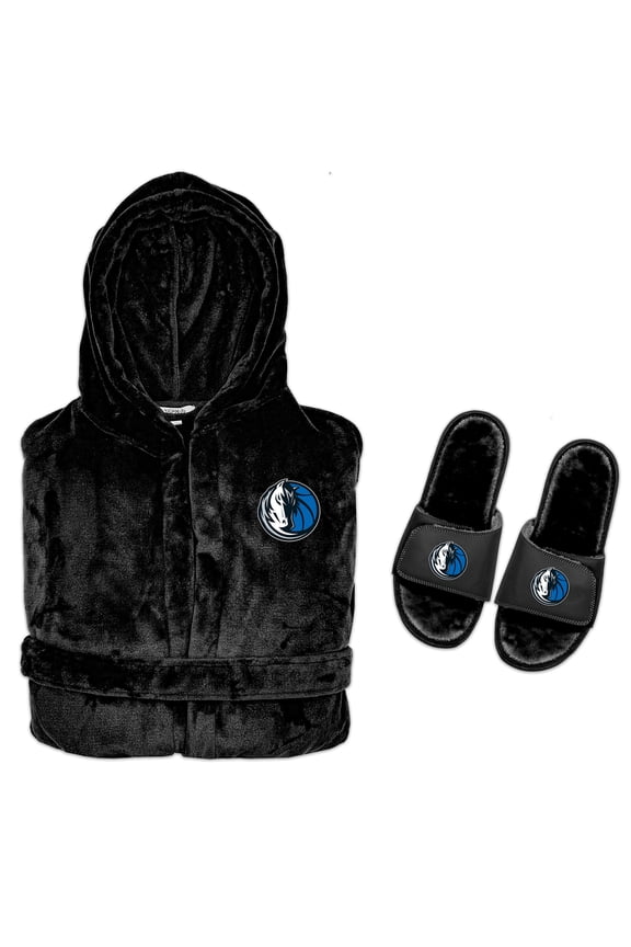 Men's ISlide Black Dallas Mavericks Hooded Phantom Robe & Fur Slide Bundle
