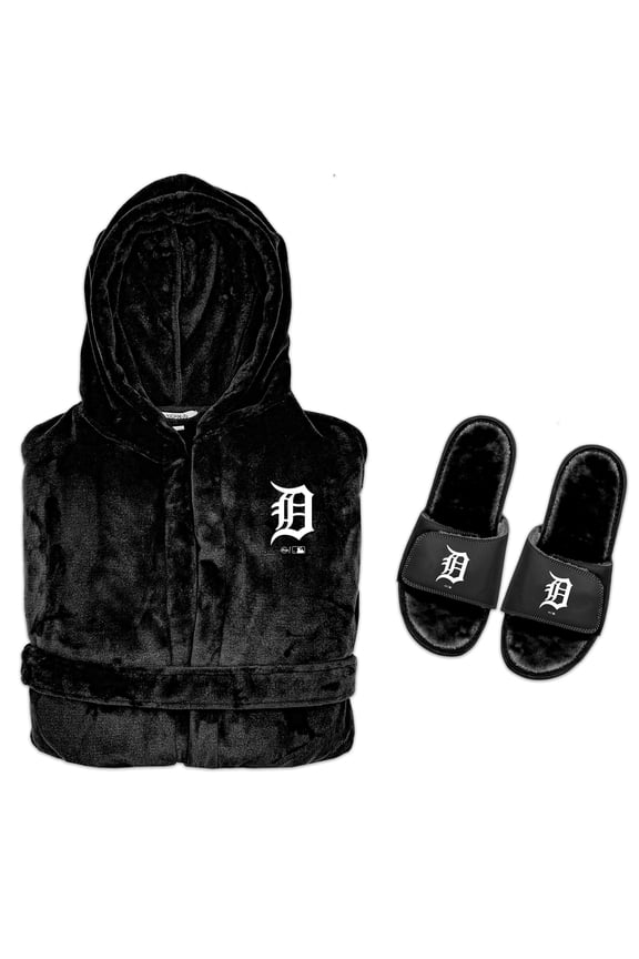 Men's ISlide  Black Detroit Tigers Hooded Phantom Robe & Fur Slide Bundle