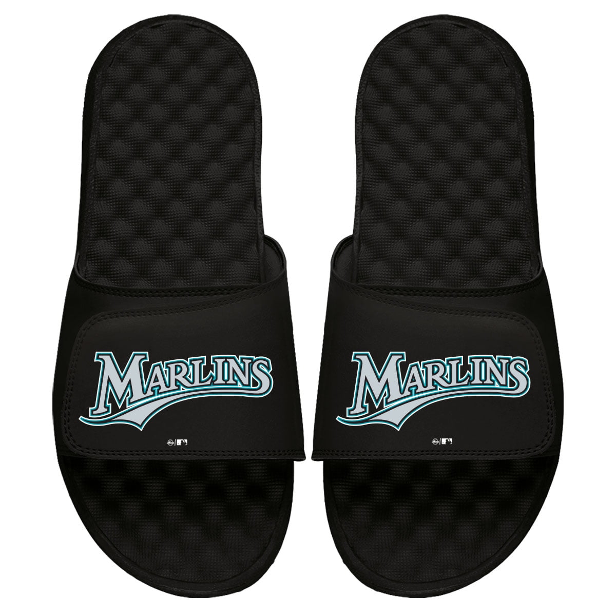 Men's ISlide Black Florida Marlins Cooperstown Wordmark Logo Slide Sandals  