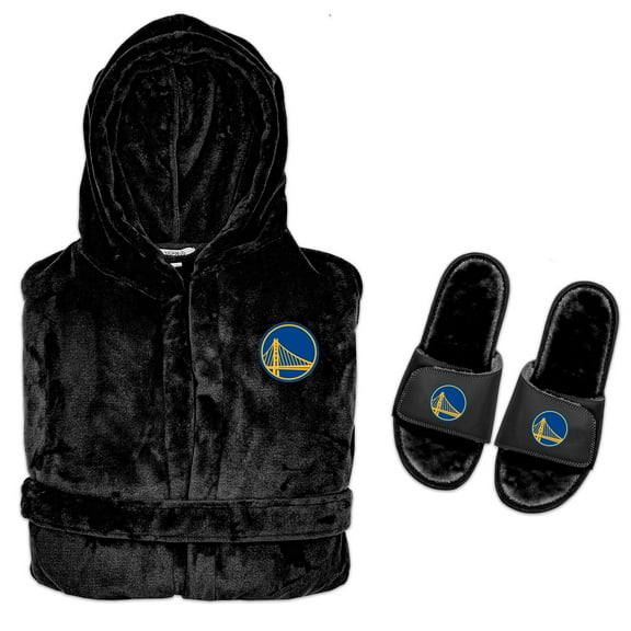 Men's ISlide Black Golden State Warriors Hooded Phantom Robe & Fur Slide Bundle