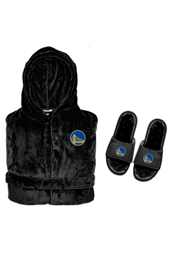 Men's ISlide  Black Golden State Warriors Hooded Phantom Robe & Fur Slide Bundle