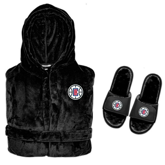 Men's ISlide Black LA Clippers Hooded Phantom Robe & Fur Slide Bundle