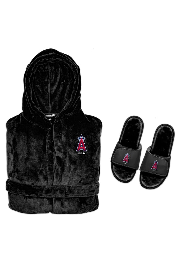 Men's ISlide Black Los Angeles Angels Hooded Phantom Robe & Fur Slide Bundle