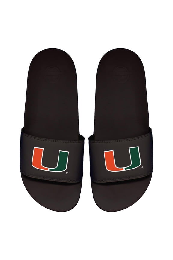 Men's ISlide Black Miami Hurricanes Primary Logo Motto Slide Sandals