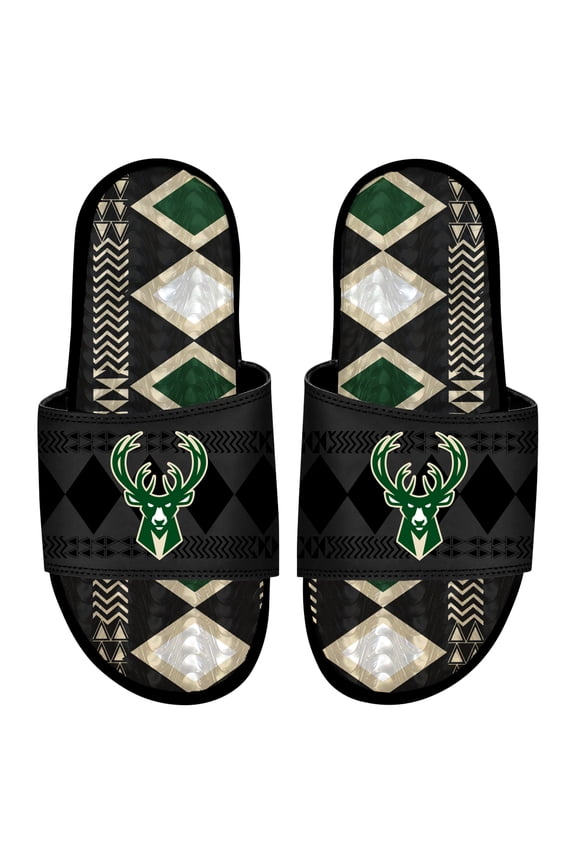 Men's ISlide Black Milwaukee Bucks Shooting Touch Rwanda Pattern Gel Slide Sandals