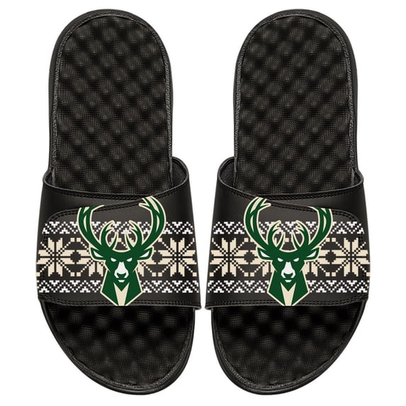 Men's ISlide Black Milwaukee Bucks Ugly Sweater Slide Sandals