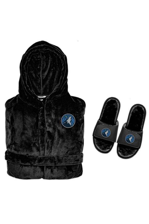 Men's ISlide  Black Minnesota Timberwolves Hooded Phantom Robe & Fur Slide Bundle