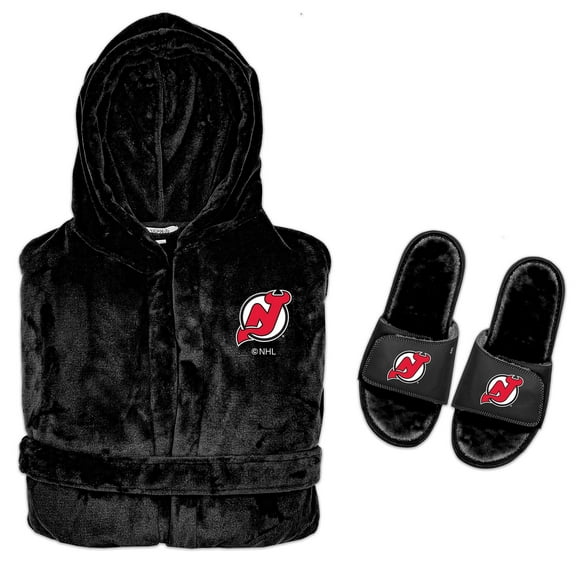 Men's ISlide  Black New Jersey Devils Hooded Phantom Robe & Fur Slide Bundle