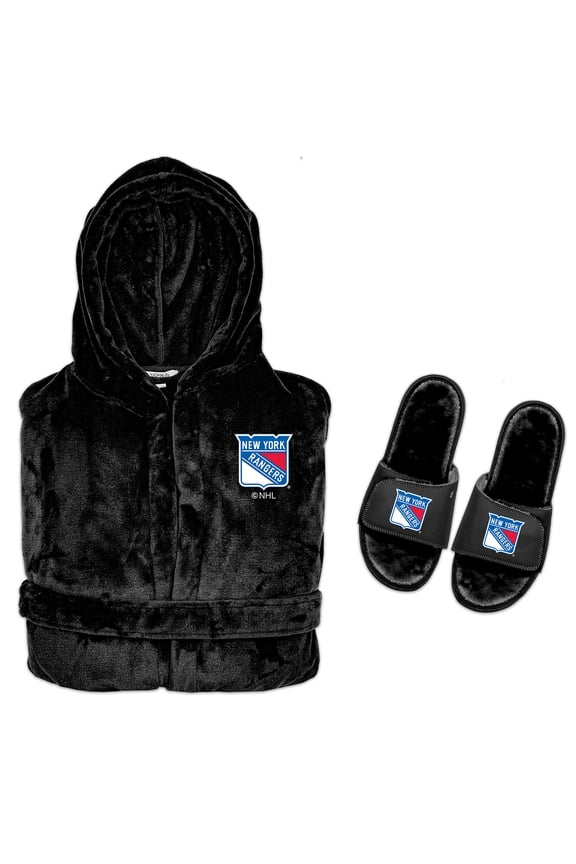 Men's ISlide Black New York Rangers Hooded Phantom Robe & Fur Slide Bundle