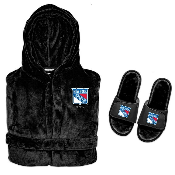 Men's ISlide Black New York Rangers Hooded Phantom Robe & Fur Slide Bundle