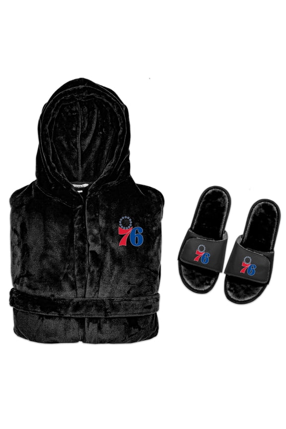 Men's ISlide  Black Philadelphia 76ers Hooded Phantom Robe & Fur Slide Bundle