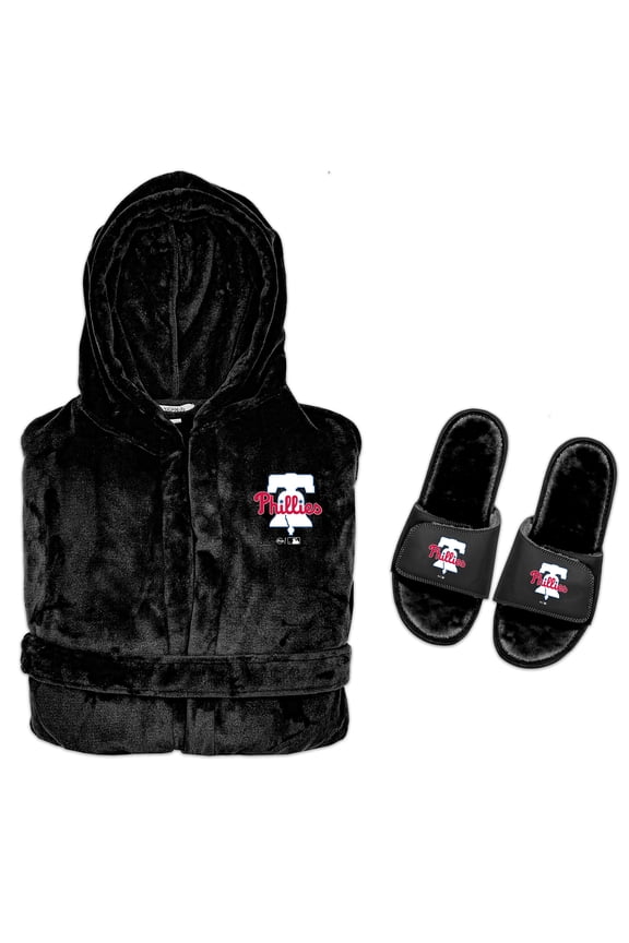 Men's ISlide Black Philadelphia Phillies Hooded Phantom Robe & Fur Slide Bundle