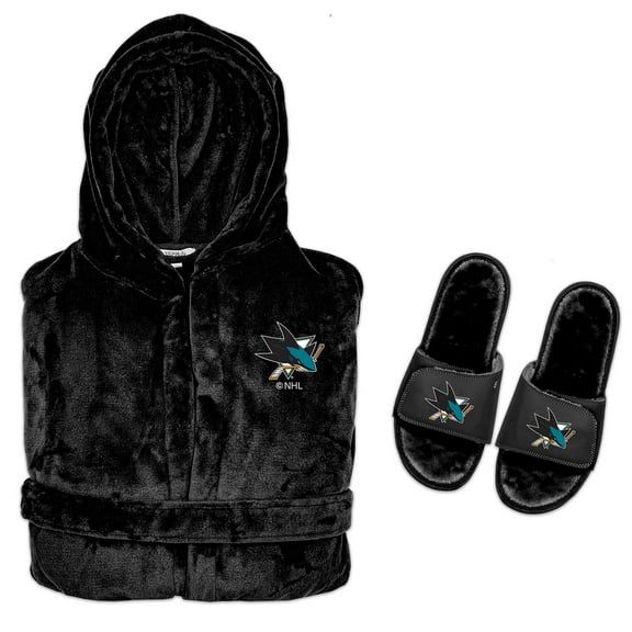 Men's ISlide Black San Jose Sharks Hooded Phantom Robe & Fur Slide Bundle