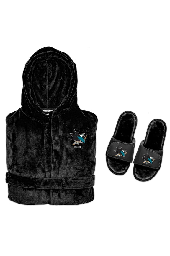Men's ISlide  Black San Jose Sharks Hooded Phantom Robe & Fur Slide Bundle