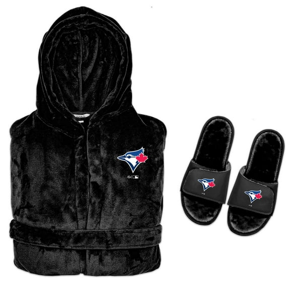 Men's ISlide Black Toronto Blue Jays Hooded Phantom Robe & Fur Slide Bundle