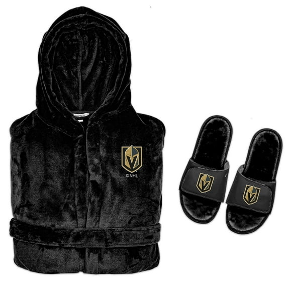 Men's ISlide Black Vegas Golden Knights Hooded Phantom Robe & Fur Slide Bundle