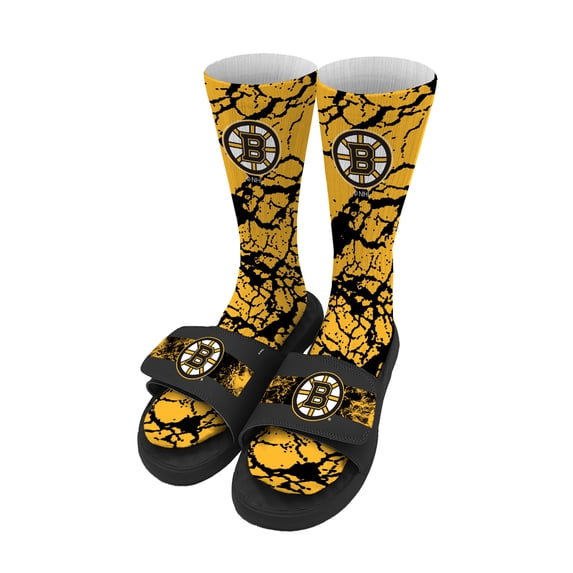 Men's ISlide Boston Bruins Distressed Socks & Slide Sandals Bundle