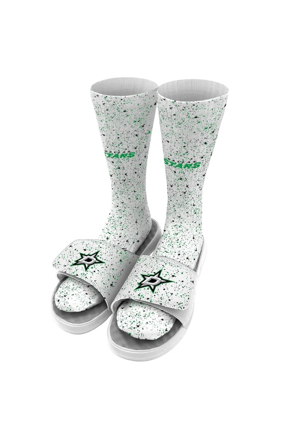 Men's ISlide White Dallas Stars Speckle Socks & Slide Sandals Bundle
