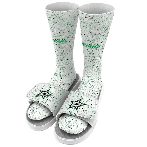 Men's ISlide White Dallas Stars Speckle Socks & Slide Sandals Bundle