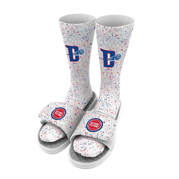 Men's ISlide White Detroit Pistons Team Logo Speckle Socks & Slide Sandals Bundle