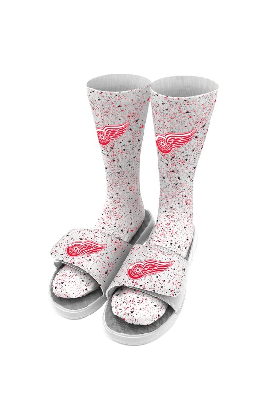 Men's ISlide White Detroit Red Wings Speckle Socks & Slide Sandals Bundle