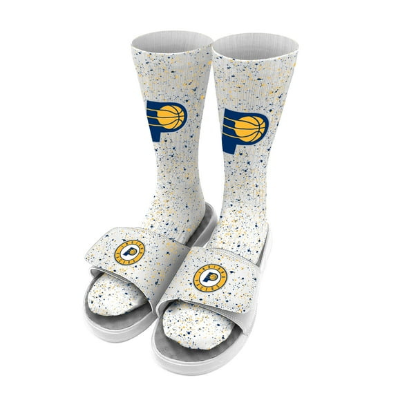 Men's ISlide White Indiana Pacers Team Logo Speckle Socks & Slide Sandals Bundle