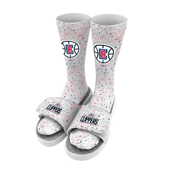 Men's ISlide White LA Clippers Team Logo Speckle Socks & Slide Sandals Bundle
