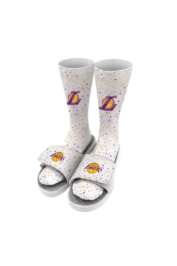 Men's ISlide White Los Angeles Lakers Team Logo Speckle Socks & Slide Sandals Bundle