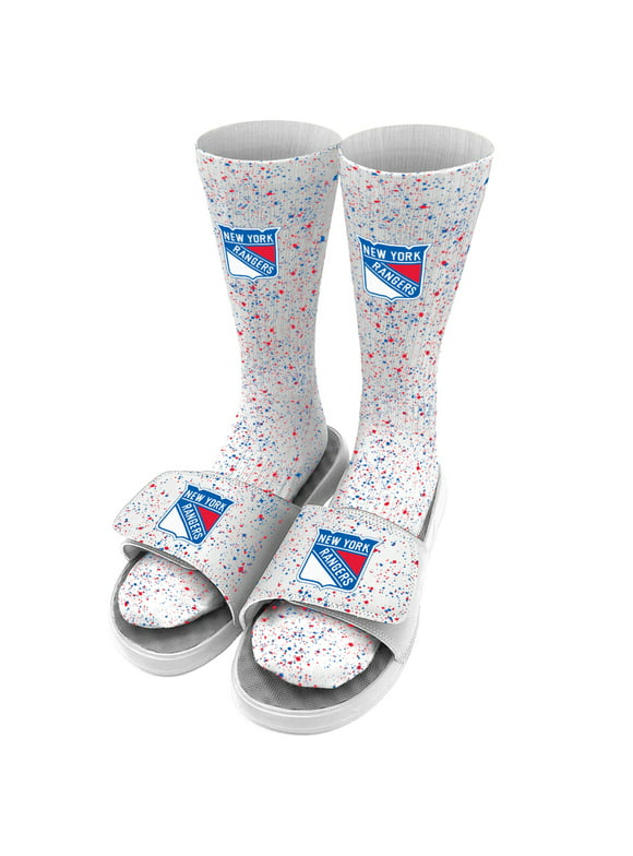 Men's ISlide White New York Rangers Speckle Socks & Slide Sandals Bundle