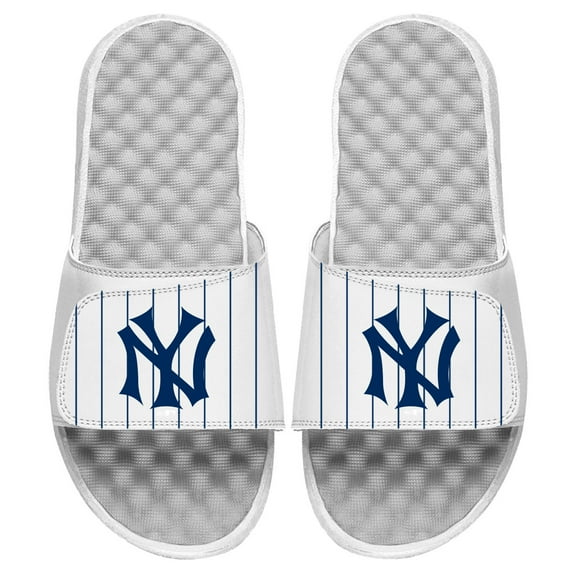 Men's ISlide White New York Yankees Cooperstown Pinstripe Logo Slide Sandals