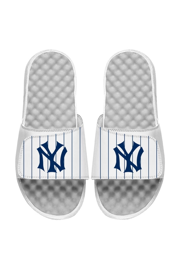 Men's ISlide White New York Yankees Cooperstown Pinstripe Logo Slide Sandals