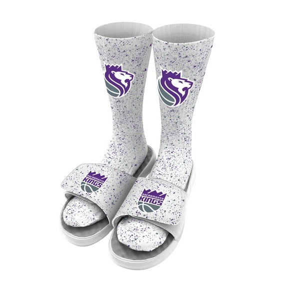 Men's ISlide White Sacramento Kings Team Logo Speckle Socks & Slide Sandals Bundle