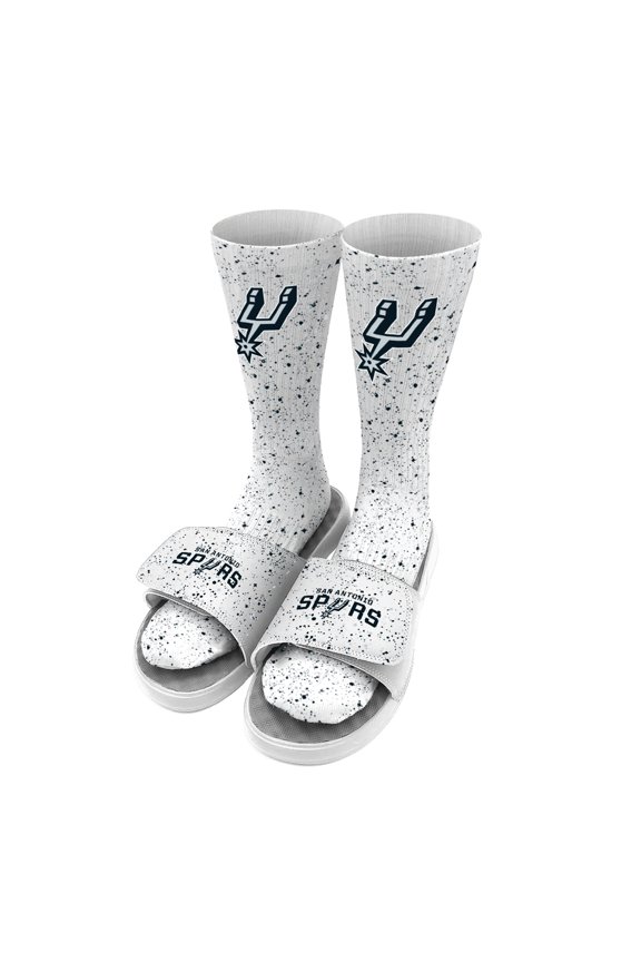 Men's ISlide White San Antonio Spurs Team Logo Speckle Socks & Slide Sandals Bundle