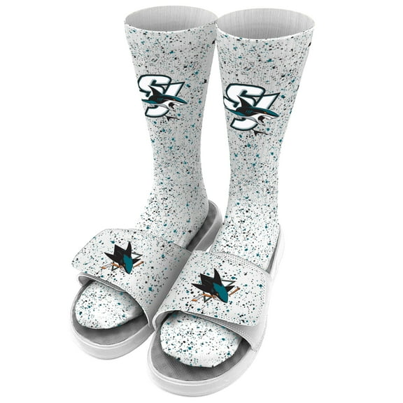 Men's ISlide White San Jose Sharks Speckle Socks & Slide Sandals Bundle