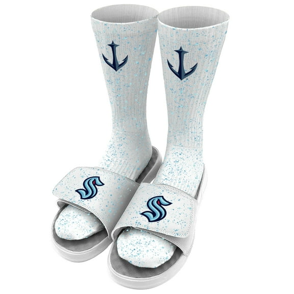 Men's ISlide White Seattle Kraken Speckle Socks & Slide Sandals Bundle
