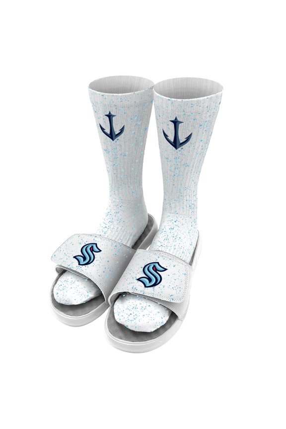 Men's ISlide White Seattle Kraken Speckle Socks & Slide Sandals Bundle