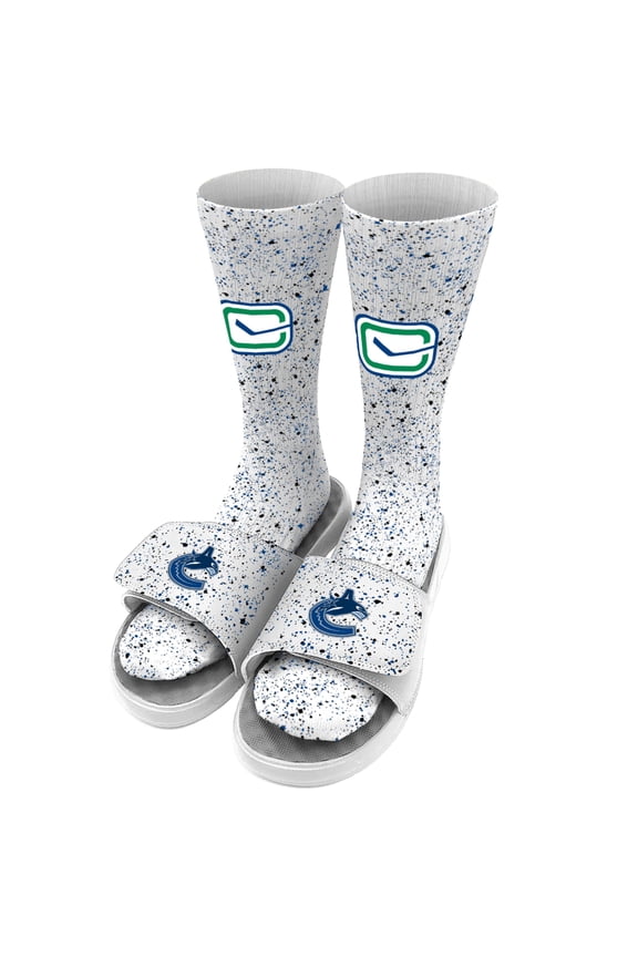 Men's ISlide White Vancouver Canucks Speckle Socks & Slide Sandals Bundle