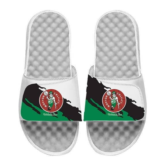 Men's ISlide x Mitchell & Ness White Boston Celtics Paint Stripe Slide Sandals