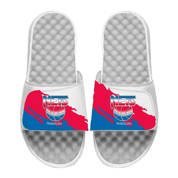 Men's ISlide x Mitchell & Ness White Brooklyn Nets Paint Stripe Slide Sandals