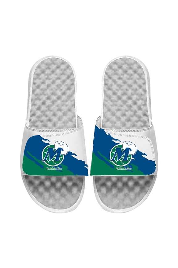 Men's ISlide x Mitchell & Ness White Dallas Mavericks Paint Stripe Slide Sandals
