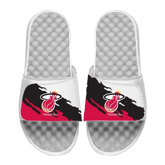 Men's ISlide x Mitchell & Ness White Miami Heat Paint Stripe Slide Sandals