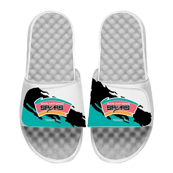 Men's ISlide x Mitchell & Ness White San Antonio Spurs Paint Stripe Slide Sandals
